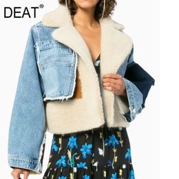 DEAT Leisure Full Sleeve Wool Liner Wde Waisted Turn Down Collar Women Slim Patchwork Woolen Coat Autumn Winter TD659 201026