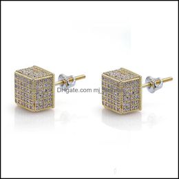 earring studs and backs Canada - Stud Earrings Jewelry Europe And America Iced Out Bling Cz Round Earring Gold Sier Color Plated Screw Back Fashion Hip Hop Drop Delivery 202