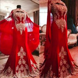 Luxury Dubai Red Mermaid Evening Dresses with Wrap Gold Lace Appliques Crystals Beaded Long Celebrity Party Gowns Bridal Reception Dress Prom Special Occasion Wear