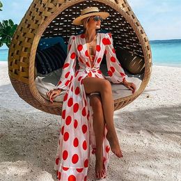 Beach Dress Bikini Cover Up Print Bathing Suit Women Kimono Plus Size Tunic Sexy Long Sleeve Swimwear Cover-Ups 220423