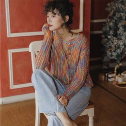 CHEERART Autumn Colourful Sweater Cardigan Women Long Sleeve Button Up Rainbow Sweater Knitted Cardigan Korean Fashion 201203