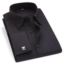 Classic Black French Cufflinks Men's Business Dress Long Sleeve Shirt Lapel Men Social 4XL 5XL 6XL Regular Fit 220330