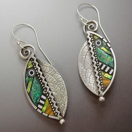 Bohemian Silver Color Metal Green Leaf Dangle Wedding Earrings For Women Vintage Tribal Abstract Colorful Stone Dangle Earrings