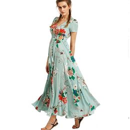 Bohemia Floral Long Women Dress Summer Button Boho Beach Maxi Dress Ladies Fashion Vintage Print casual dress women LDW1026 T200320