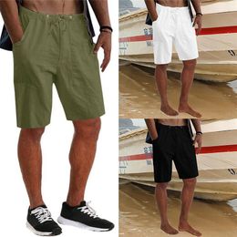 Men Solid Colour Casual Loose Linen Shorts Summer Breathable Beach Drawstring Trousers Fitness Elastic Pocket Pants Streetwear 220622