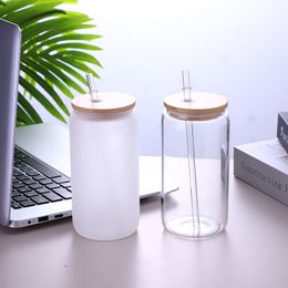 16oz Sublimation Glass Beer Mugs Can Shaped Tumbler Drinking Glasses With Bamboo Lid And Reusable Straw Iced Coffee Glasses