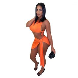 Women's Swimwear 2022 Summer Beach Holiday Pure Color Hollow High Waisted Lace-up Sexy Halter Rib Lace Skirt Female 2-Piece Set Women Mini D