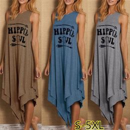 Summer Women Casual Hippie Soul Letter Printed Long Dress Sleeveless Irregular Pleated Loose Double Layer Maxi Plus Size 220521