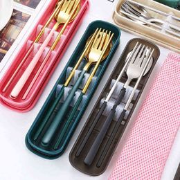 3Pcs/set Stainless Steel Cutlery Set Portable Chopsticks Spoon Fork Kit for dent Camping Travel Silver/Gold Tableware Sets Y220530