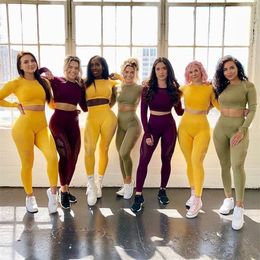 Womens Sportswear suit Seamless Gym Clothing Women Gym Yoga Set Fitness LeggingsCropped shirts Workout Sets Tracksuit Outfits T200115