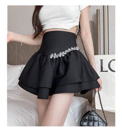 Skirts New design women's high waist layered ruffles pleated rhinestone patchwork short skirt with safety shorts inside SMLXL