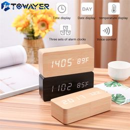 Alarm Clock LED Wooden Digital Table Voice Control Wood Despertador USB/AAA Powered Electronic Desktop s 220426
