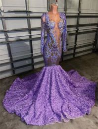 Light Purple Lace Long Sleeve Prom Dresses Black Girls Sheer Neck African Gowns For Women Party Wear Formal Robe De Soiree Mal Mal