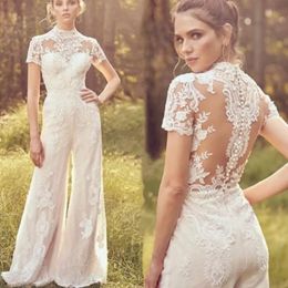 -Роскошные комбинезоны Высокое шею Свадебное платье с коротким рукавом Иллюзия кружева аппликации кнопка высокого качества невесты платье Vestidos de Soiree BES121