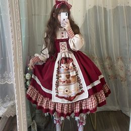 Casual Dresses QWEEK Christmas Lolita Dress Kawaii Women Year 2022 Sweet Lace Ruffle Patchwork Puff Long Sleeve Red Princess Plaid