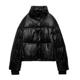 Womens Parkas Pu Jacket Coat Warm Thick Winter Outwear Faux Leather Zipper Coat Streetwear Ladies Jacket Black Woman Coat TRF L220728
