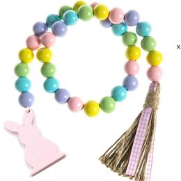 Party Favour Easter Wood Bead Tassel rope tray decoration Wooden Rabbit and Dwarf Tag Easters party home decor by sea