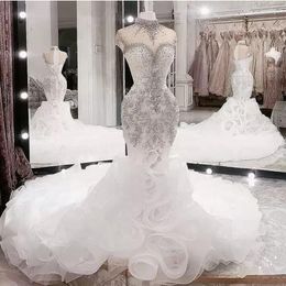 Plus Size Arabic Aso Ebi Luxurious Beaded Crystals Wedding Dresses High Neck Mermaid Bridal Dresses Sheer Neck lace-up Wedding Gowns