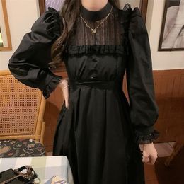 QWEEK Gothic Black Lace Dress Women Casual Elegant Party Midi Ruffle Long Sleeve Dress Emo Y2k Goth Clothes Spring Robes 220317