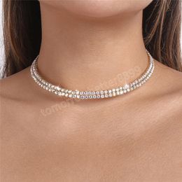 Luxury Two Row Rhinestones Short Collar Necklace for Women Bride Temperament Tennis Chain Neck Jewellery Wed Accessories