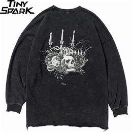 Streewear Skull Retro Washed Sweatshirt Pullover Mens Hip Hop Sweatshirt Ripped Holes Harajuku Pullover Cotton Black HipHop LJ200826