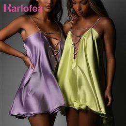 Karlofea Sexy Summer Dress Diamates Chain Strap Doule Layers Satin Mini Dresses For Women Vacation Outfits Club Party Clothing 220418