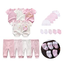 Clothing Sets Born Baby Girl Boy Clothes Unisex Rompers Pants Mittens Hats Socks 100% Cotton Print Summer CartoonClothing