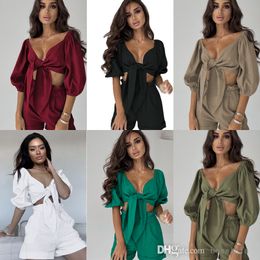 2022 sommer Neue Zwei Stück Hosen Outfits Reine Farbe Mode Sexy Baumwolle Leinen Strickjacke Tops Tasche Shorts Casual Anzug