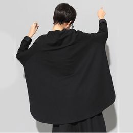 EAM Spring Stand Collar Long Sleeve Black Loose Irregular Big Size Cloak Sweatshirt Women Fashion JI949 201203