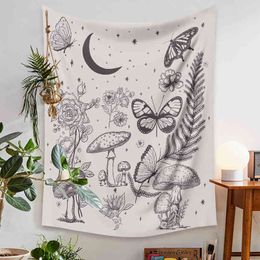 Boho Floral Carpet Wall Hanging Hippie Butterfly Mushroom Leaves Anime Art Wall Carpet Witchcraft Bedroom Dorm Wall Blanket Decor J220804