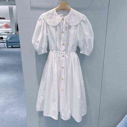 white short sleeved dress embroidered doll collar celebrity gentle long skirt spring and summer new bubble sleeve