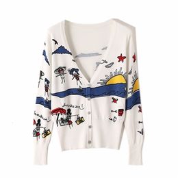 Fashion print cardigan women V-neck all match knitted sweater long sleeve white sweaters autumn and winter arrival 201222