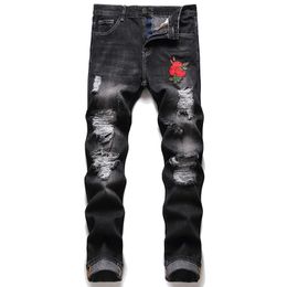 Ripped Rose Embroidered Men's Jeans 2022 New Slim Fit Straight Streetwear Casual Cotton Denim Pants Black Holes Skinny Trousers