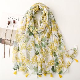 Small fresh yarn cotton and linen scarf fruit green bright yellow leaf print tassel scarf shawl