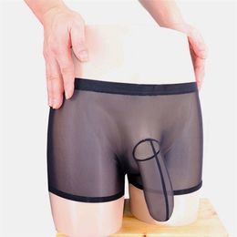 The Hot Sexy Mens Transparent Mesh Lingerie Boxer Penis Cock Underwear with Elephant Bulge Black White Color For Man Gay LJ201110