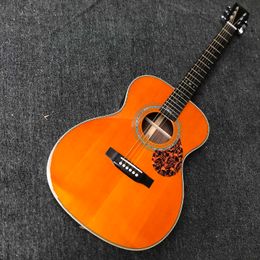 Custom OM Body Yellow Painting Solid Wood Acoustic Electric Guitar 40 Inch Acoustic Soundhole Pickup Matt Finishing Neck