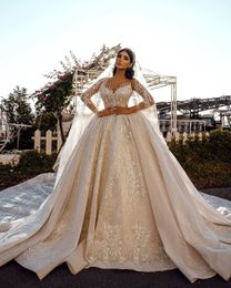 Exquisite Arabic V Neck Wedding Dresses Sequined Bridal Gowns Lace Appliques Long Train Bridal Dress Custom Made