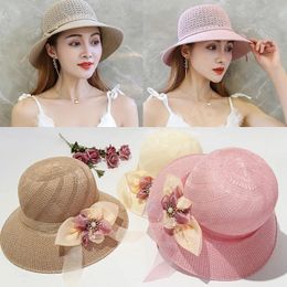 Summer Ladies Panama Caps Outdoor Sun Protection Wide Brim Sun Hats Women Straw Hat Bowknot Girls Flower Ribbon Cap