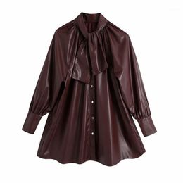 Evfer Autumn Stylish Ladies Coffee Color Faux Leather Long Shirts Women Fashion Single Breasted Sleeve Bow Collar Pu Shirt Women's Blouses &