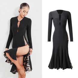 Stage Wear Latin Dance Dress Women Black Long Sleeves Sexy Leopard Ballroom Competition Clothing Winter Clothes DNV15234Stage