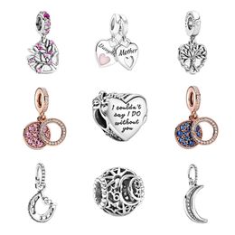 New Popular 925 Sterling Silver Teal Pink Heart Family Tree Pendant Openwork DIY Beads Fashion Charm Bracelet for Original Pandora