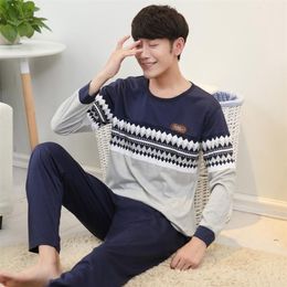 Casual Striped Cotton Pajamas Sets for Men Autumn Winter Long Sleeve Cartoon Pyjamas Male Homewear Loungewear Home Clothes LJ201113