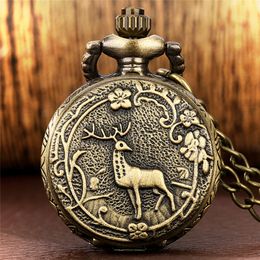 Antique Watches Engraved Elk Pattern Alloy Case Men Women Quartz Analog Pocket Watch Sweater Chain Arabic Numeral Display Clock