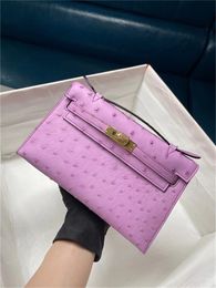 Luxury Bag 22cm Leather Totes Mini Real Ostrich Wholesale Price Fully Handmade with Wax Line Pink Light Green 2 Colors Pls Confirm to Me If