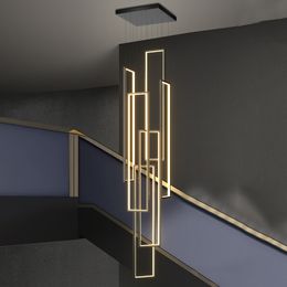 New Black Rectangle Chandeliers Pendant Lamps Long Hanging LED Lamps Luxury Staircase Lighting Fixtures for Loft Hallway Lobby Living Room Bar