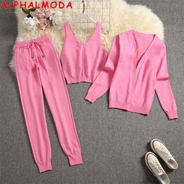 ALPHALMODA 2020 New 3pcs Knitting Suit Long-sleeved Cardigans Tank Top Pants Women Fashion Solid Lounge Set Casual Tracksuits T200817