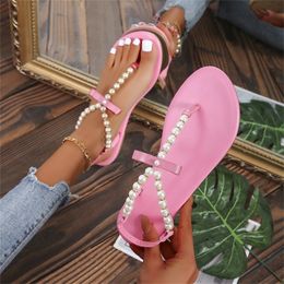 Sommer-Damen-Sandalen, flache Clip-Toe-Perlen-String-Sandalen, Übergröße, Damen-Schuhe, 43, trendige Strand-Rosa-Schuhe, Slip-On, 220406