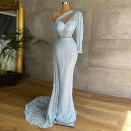 Blue Mermaid Sparkling Prom Dresses Princess One Shoulder One Long Sleeve Appliques Sequins Lace Ruffles Fashion Floor Length Party Gowns Plus Size Custom Made