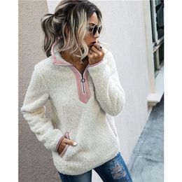 Women Sherpa Sweater Teddy Fleece Pullover Half Zipper Sherpa Fleece Tops Female Winter Warm Coat Teddy Sweaters 201130