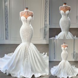 Modern Sweetheart Mermaid Wedding Dresses Lace Appliques Tassel Bridal Gown Custom Made Beaded Trumpet Plus Size Robes De Mariée